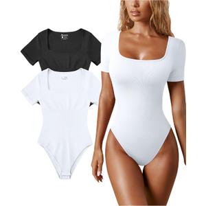 OQQ Women's 2 Piece Bodysuits Sexy Ribbed One Piece Square Neck Short Sleeve Bodysuits (Black White), Medium