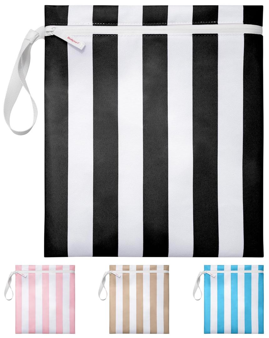 Bodysurf Wet Bag for Swimsuit, Beach, Pool, Gym, Travel, Dirty Laundry - Wet Bags for Baby, Kids, Toddlers, Pump Parts, Cloth Diapers - Reusable Waterproof Striped Makeup & Toiletry Pouch - Black