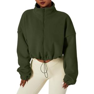 QINSEN Women's Full Zip Fleece Short Jacket Warm Winter Long Sleeve Stand Collar Sherpa Crop Coat (Large, Army Green)
