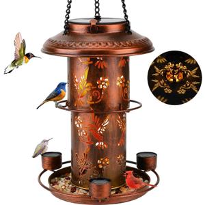 Solar Bird Feeders for Outside Wild Bird Feeders with 3 Water Cups and Food Tray, Metal Bird Feeders for Outdoor Hanging in The Trees&Hooks, Solar Lantern Decorations for Garden, Patio,(Coppery)