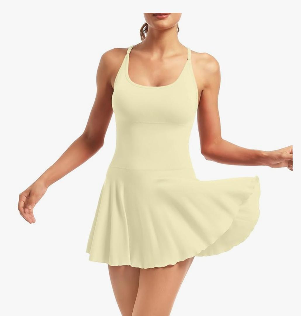 YOAKUKA Women's Flowy Tennis Dress with Built in Shorts & Bra Spaghetti Crossover Back Strap Athletic Workout Active Jumpsuit, yellow Size small