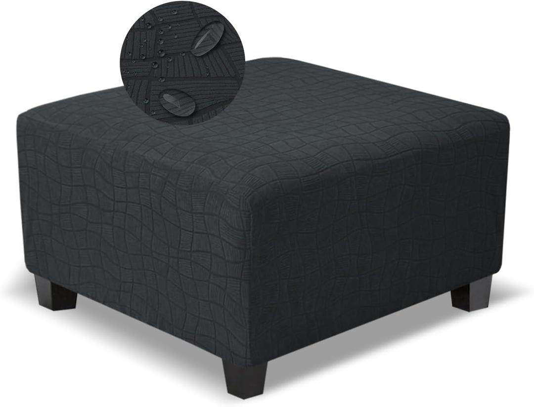 Square Ottoman Cover,Soft Stretch Jacquard Slipcover with Dual Waterproof Layers,Washable Furniture Protector for Pets,Medium,Dark Gray (M Length&Width:26-34",Height:14-20")