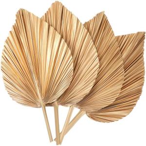 4 Pcs Large Gold Dried Palm Leaves, Home Wedding Decor Natural Boho Dried Palm Fans with Stem,Tropical Palm Leaves Boho for Vase Baby Shower Anniversary