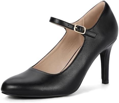 IDIFU IN4 Mary Jane Shoes Closed Toe High Heels Women's Pumps Comfortable Stiletto Ankle Strap Round Toe Dress Shoes for Women Wedding Bridal Work Vintage Classic Pumps Shoes, Size 7.5