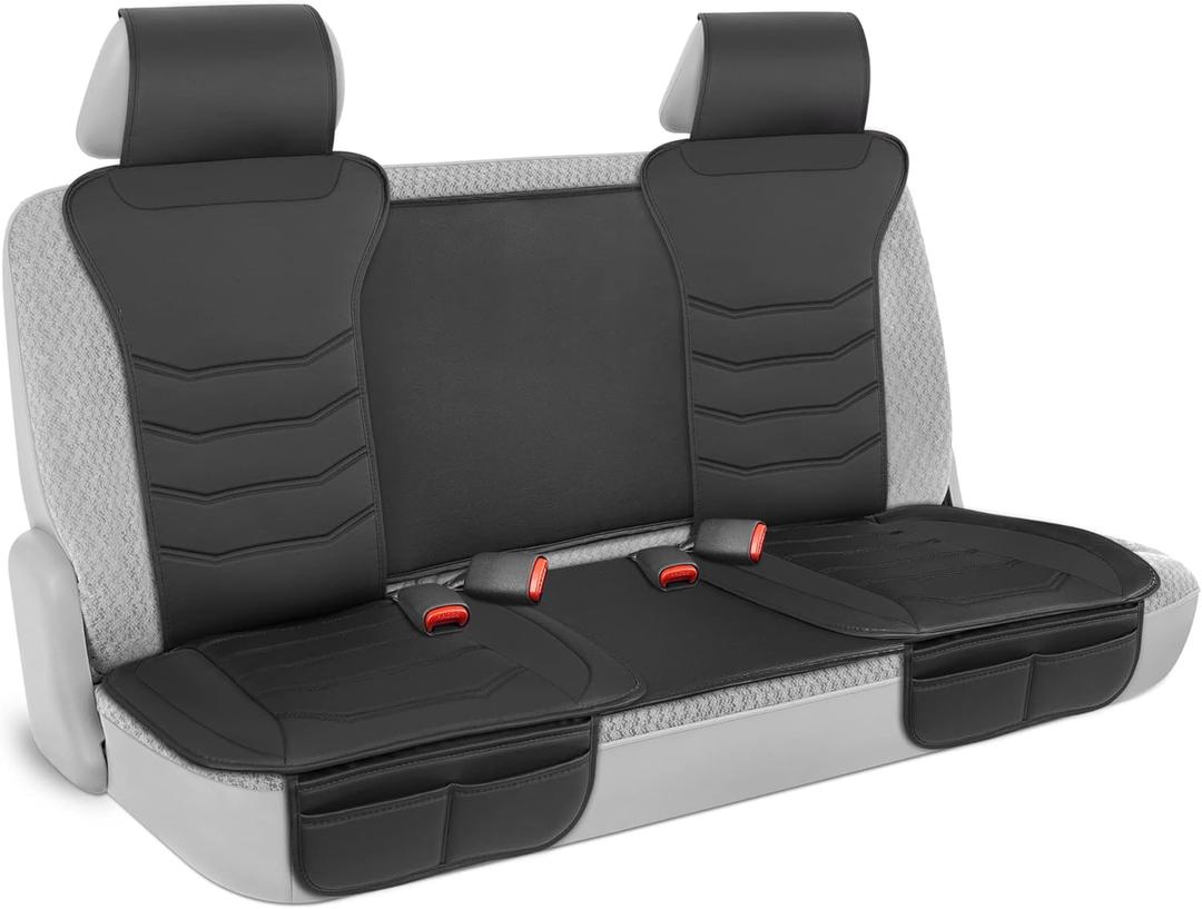 Motor Trend LuxeFit Black Faux Leather Rear Bench – Premium Automotive Back Seat Cover for Cars, Padded Cushion with Pockets, Adjustable Interior Car Seat Protector