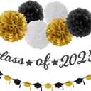 Black-White Gold Party-Decorations Graduation Banner - 8pcs Kits Class of 2025 Cap Garland Streamers, Paper Tissue Pom Poms Flowers, Congratulations Grad Decor Lasting Surprise