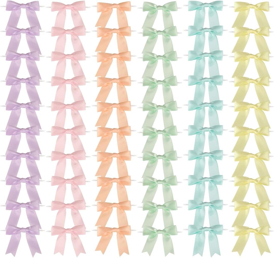 Meseey 60 Pcs Pastel Rainbow Satin Ribbon Bows with Twist Tie 2.5 Inch Pretied Premade Colored Craft Bows for Gift Wrapping Basket Wedding Baby Shower Brithday Party (2.5, Pastel)