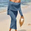 Saodimallsu Womens Off Shoulder Summer Maxi Dress Bell Long Sleeve Sexy Bodycon Strapless Sheer Beach Swimsuit Coverup (Blue)