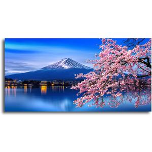 Aibonnly Wall Art Canvas Painting Cherry Blossoms Mount Fuji 1 Piece Mount Fuji and the Sakura Blossoming Lake Picture Poster Print Framed and Stretched Ready to Hang for Living Room Bedroom (48L" x 24W", Pink)