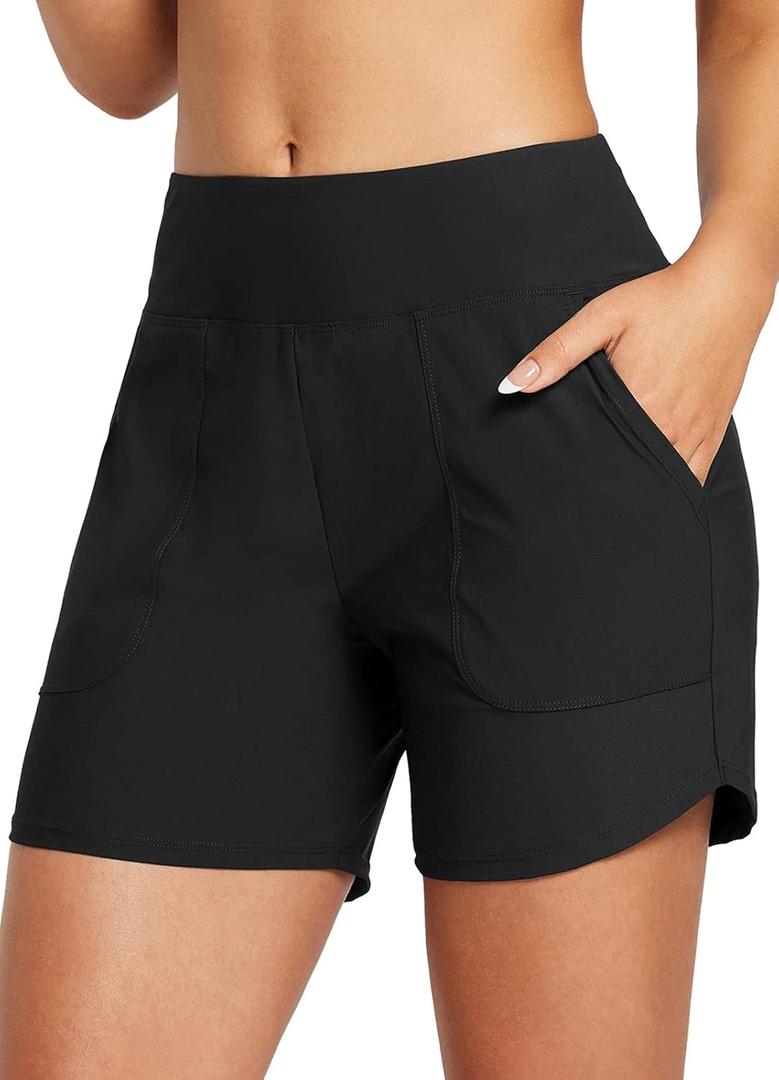 Baleaf Women's 3"/5"/7"/9" High Waisted Swim Board Shorts Quick Dry Swimsuits Bottoms Trunks with Pockets (Black)