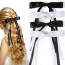 Bow Hair Clips, 4pcs Ribbon Hair Bows Clips for Women and Girls Tassel Hair Bow Claw Clips Solid Metal Bow Clips BowKnot Barrettes Hair Accessories for Hair (Black And White)
