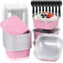 FORBFAN 150 Pack 10 oz Mini Cake Pans with Lids & Spoons, Pink Foil Square Dessert Cups, Disposable Baking Tins for Party, Catering, Gifting & Small Bakery