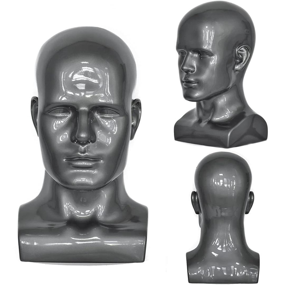 PVC Silver Grey Male Mannequin Head Display Head Stand Wig Display Head Model Men Manikin Head Dolls for Display Headset, Headphone, Game Console, Hats, Wigs Jewellery (Silver Grey) (L90-SG)