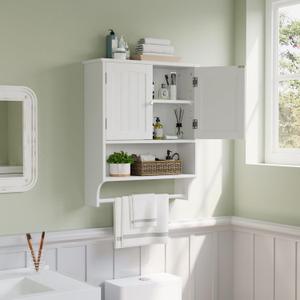 Smuxee White Bathroom Cabinet Wall Mounted with Towels Bar, Bathroom Medicine Cabinet with 2 Door Adjustable Shelves, Over Toilet Cabinet for Bathroom Laundry Room Kitchen, Big