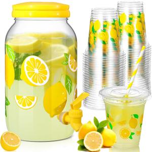 Umigy 1 Gallon Lemon Plastic Drink Dispenser with 100 Pcs 16 oz Disposable Plastic Cups with Lids and Straws Beverage Water Dispenser with Spigot for Party Juice Ice Tea Beer(Lemon,Yellow)