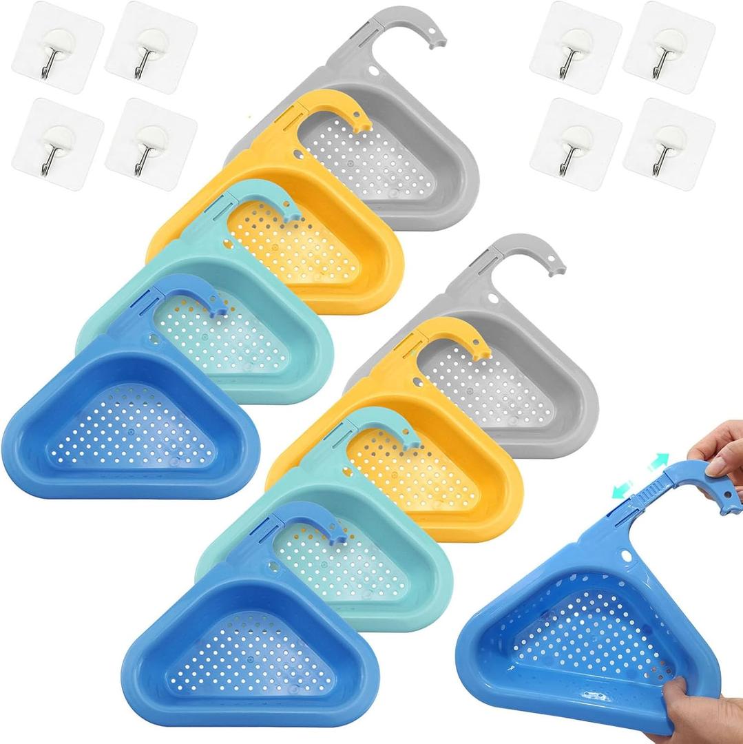 Sink Swan Drain Basket Pack of 8, Adjustable Kitchen Sink Drain Basket, Triangle Sink Basket with Sticky Hook, Upgrade for Kitchen Sink Hangs on Faucet (4 Colors) (8 PCS Retractable Elephant)