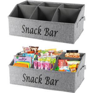 Snack Organizer for Countertop, 6 Compartment Snack Bin with Side Handles, 2 Pack Fabric Snack Basket Container, Lightweight Snack Bar Station Organizer, Kitchen Pantry Storage - Gray