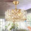 Gold Crystal Caged Ceiling Fans with Light, 18" Bladeless Ceiling Fan with Remote Control, 6 Speed Enclosed Ceiling Fan with Reversible Motor for Bedroom Kitchen Living Room