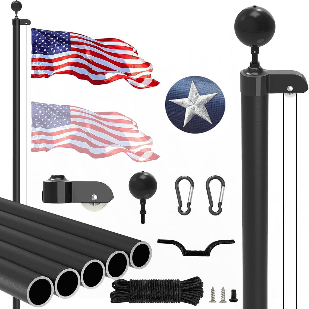 20FT Sectional Flag Pole Kit, Extra Thick Heavy Duty Aluminum Flagpoles for Outside House Inground with 3'*5' American Flag