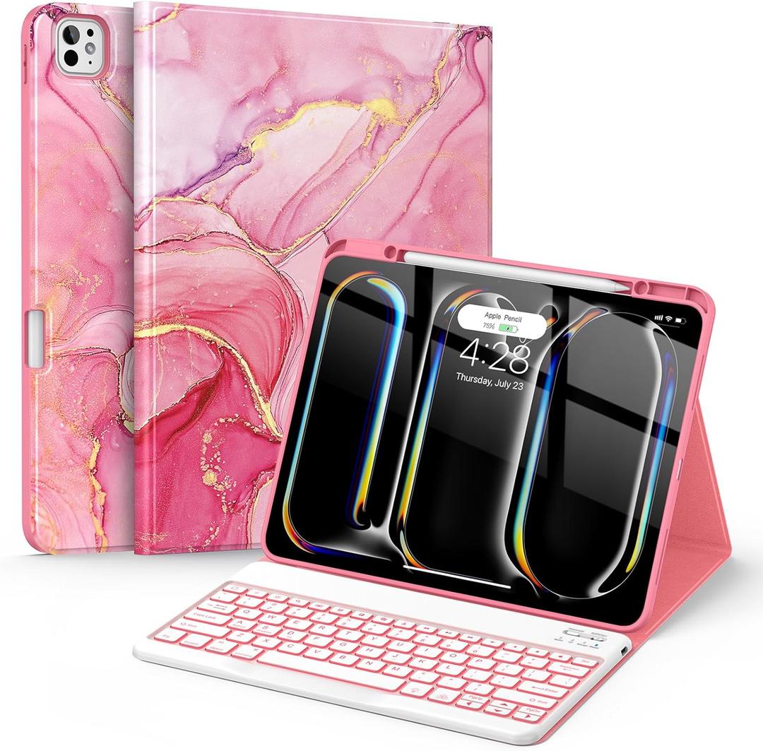 Soke Keyboard Case for iPad Pro 13 Inch (M5 2025/M4 2024), 7-Color Backlit Detachable Bluetooth Keyboard, Folio Stand TPU Back Cover with Pencil Holder for iPad Pro 13", Red Marble