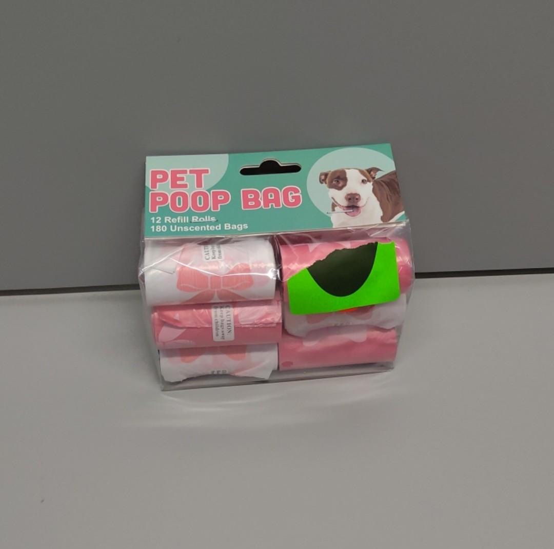 Pet Poop Bag 12 Refill Rolls, 180 Unscented Bags (Pink/White)