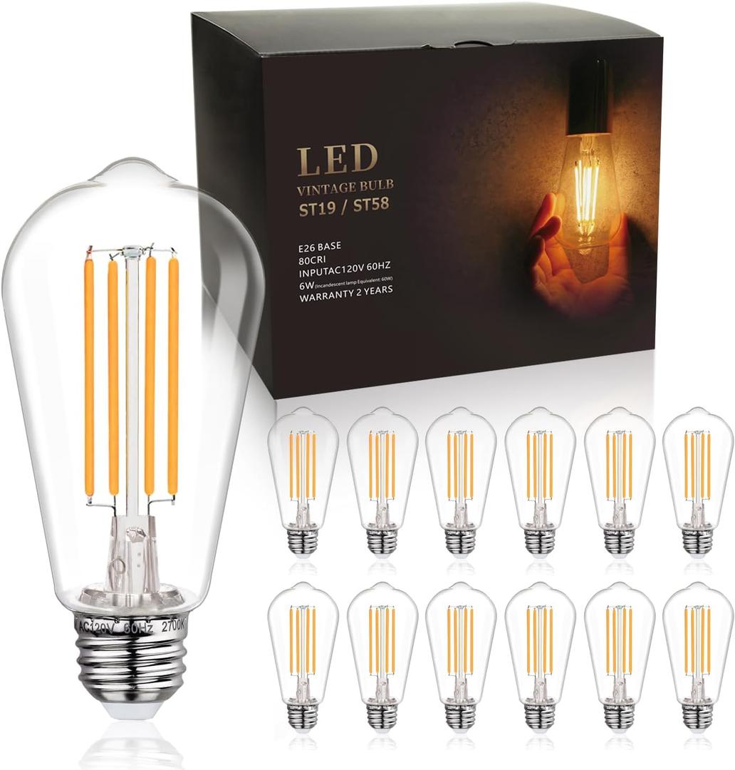 BORT ST58/ST19 Vintage LED Edison Bulbs, Warm White 2700K, Dimmable 6W Edison Light Bulbs, 60W Equivalent, 700LM, E26 Standard Base Filament LED Bulb, Clear Plastic - 12Pack