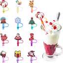 12 Pcs of Christams Straw Cover Cap, 8mm Cartoon Straw Cup Accessories, Reusable Silicone Dust Cover, Perfect for Holiday Parties