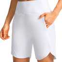 Soothfeel Women's 7" Athletic Running Long Shorts with Pockets High Waisted Bermuda Shorts for Women Workout Walking Casual (White, XL)