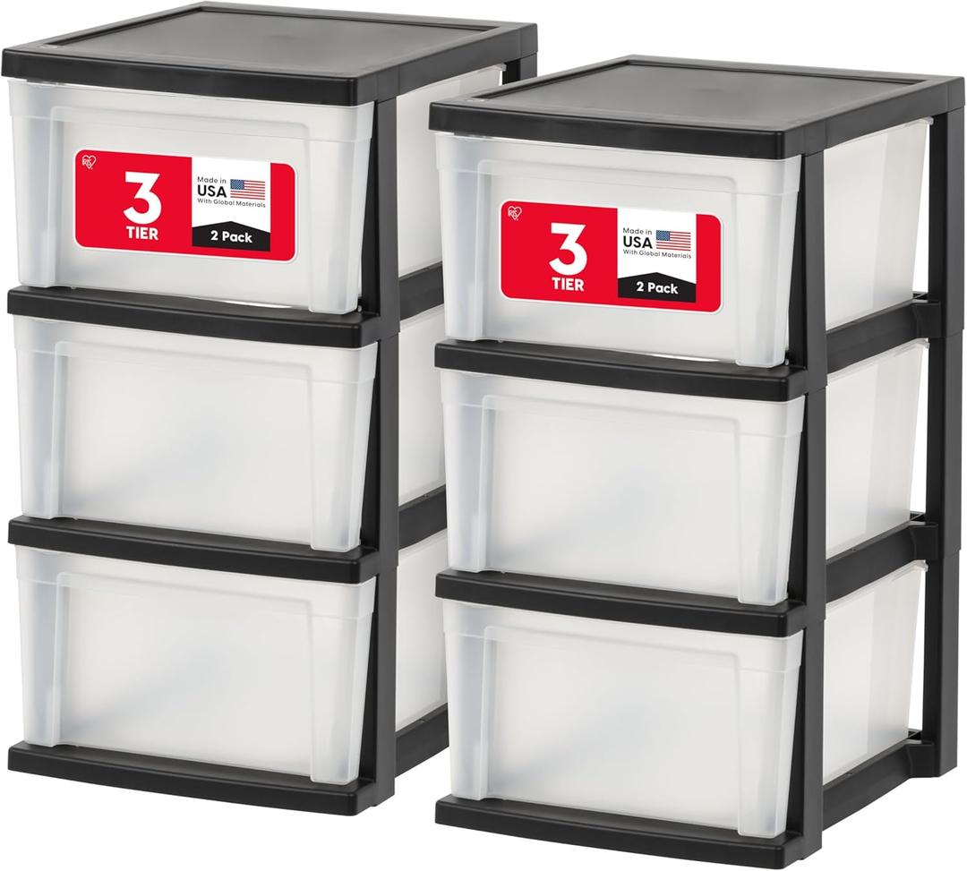 IRIS USA Plastic Drawer Storage Organizer, 3-Drawers, 2-Pack, for Classroom Art Craft Supplies, Bathroom Bedroom, Laundry Room, Black/Clear
