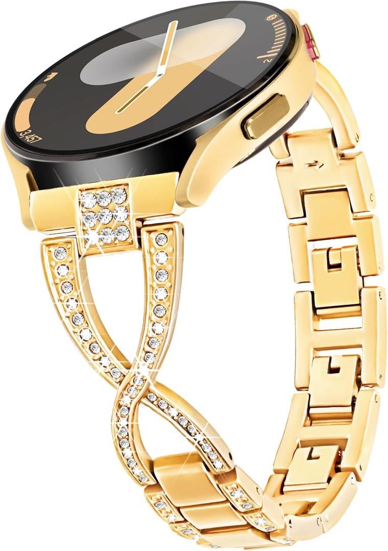 20mm X-Shape Band for Samsung Galaxy Watch 7 6 5 4 FE Band 40mm 44mm /5Pro/6 4 Cassic/Watch 3 41mm/Active 2, Women Bling Diamond Metal Strap for Samsung Watch Bands 7 6 5 4 FE-Gold