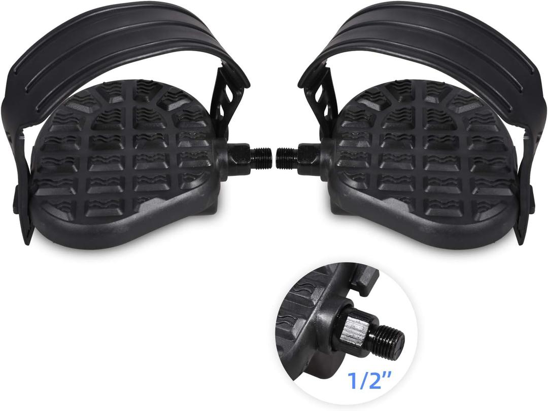 DRBIKE Replacement Bike Pedals with Strap for Stationary Bike, Spin Bike, Recumbent, Exerciser Bicycle, 1/2" 9/16" Bicycle Petal, Black, 1 Pair