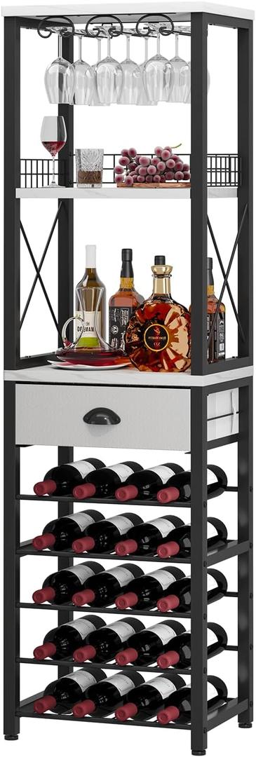 Homeiju Wine Rack Freestanding Floor, Bar Cabinet for Liquor and Glasses, 4-Tier bar Cabinet with Tabletop, Glass Holder, Storage Drawer and Wine Storage for Home Bar(Patent No.D1009580) (Right Angle-White)