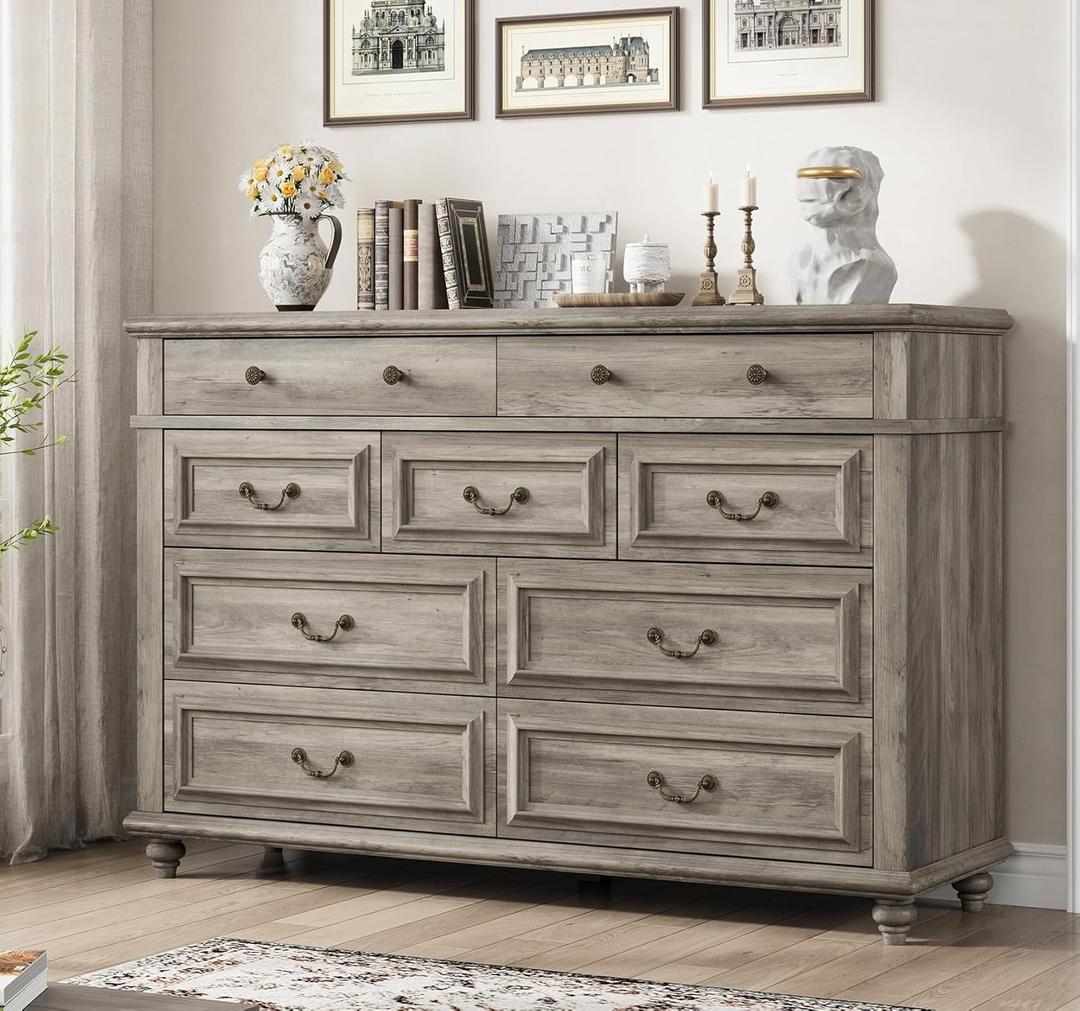 Dark Grey 9 Drawer Dresser, Tall Chest of Drawers for Bedroom Furniture, Farmhouse Wood Dresser with Storage Drawers for Closet Organization (16.1"D x 53.5"W x 36.2"H (9 Drawers))