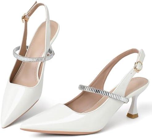 QXQDQY Women's Slingback Kitten Heel Pointed Toe Dress Pumps Shoes Pointed Closed Toe Ankle Strap Elegant Wedding Pumps Formal Comfortable Shoes White Size 7