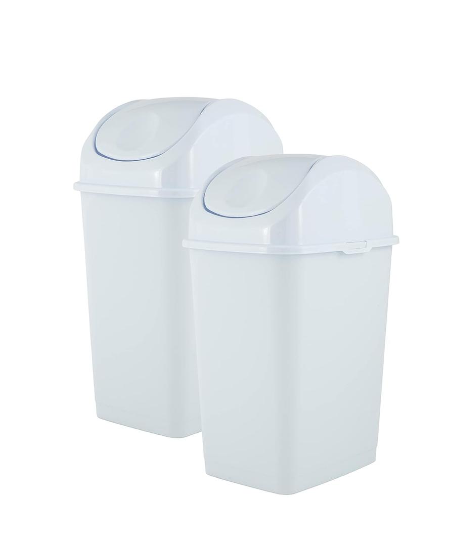 Superio New (2 Pack) Small 2.5 Gallon Plastic Trash Can with Swing Top Lid, Waste Bin for Under Desk, Office, Bedroom, Bathroom- 10 Qt (White)