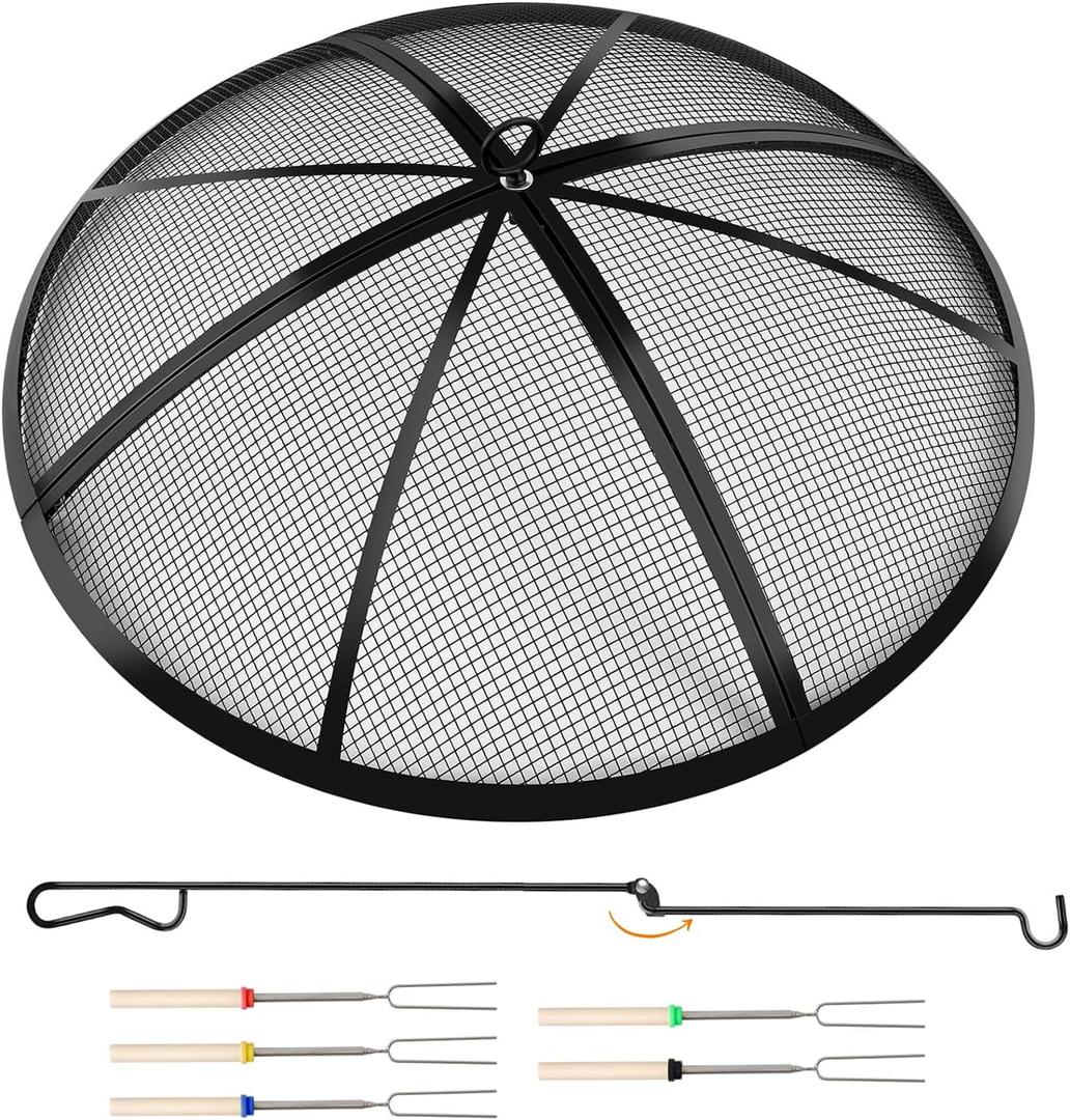Fire Pit Spark Screen, 24 Inch Outdoor Fire Pit Screen with Foldable Hook and Marshmallow Sticks, Heavy Duty Steel Mesh Fire Pit Cover for Backyard, Beach, RV Camping