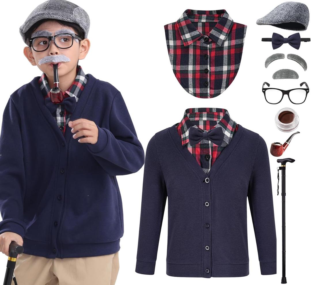 100 Days of School Costume for Kids 100th Day Old Man Grandpa Dress Up Costume Boys (Small(5-7yr), Navy)