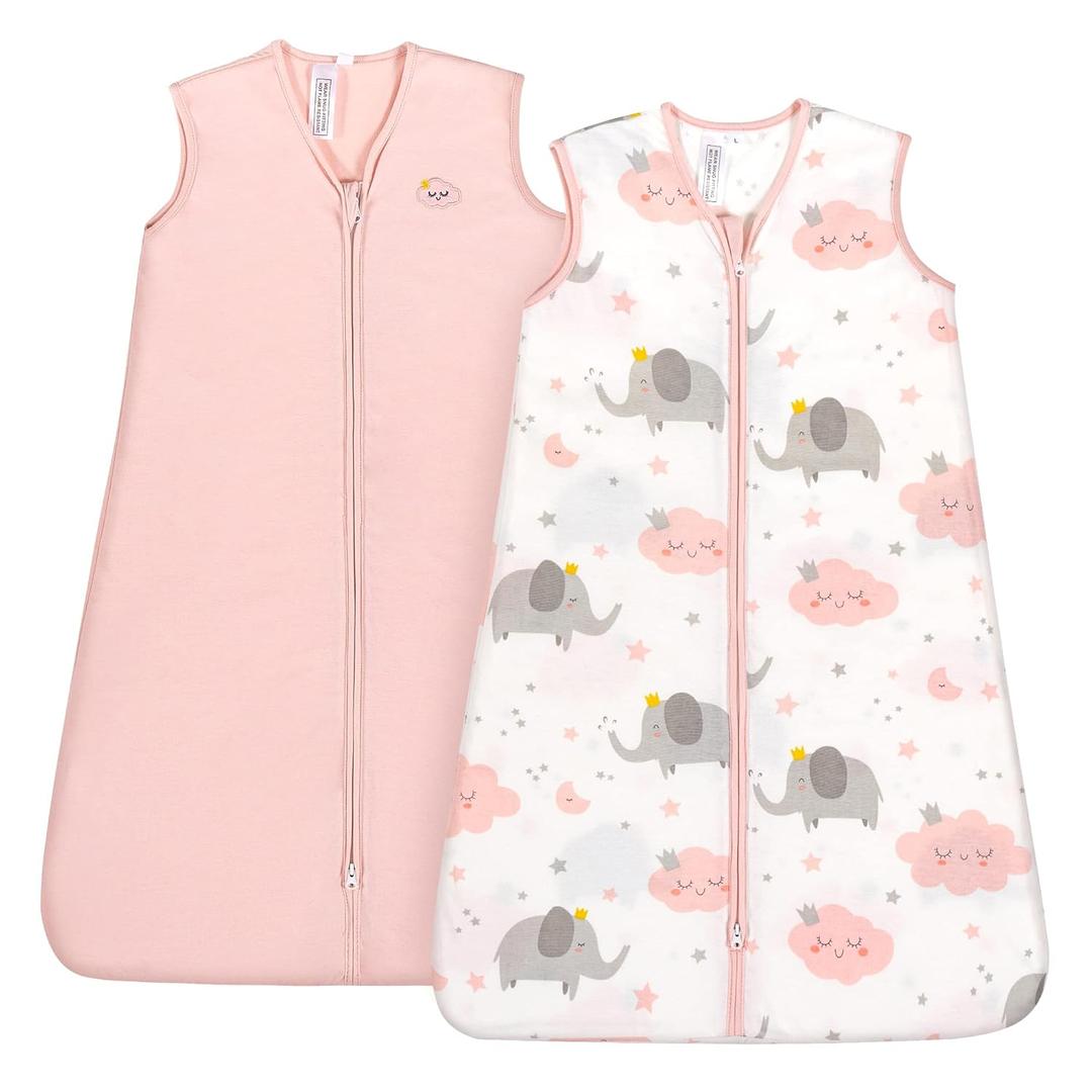 TILLYOU Sleep Sack 18-24 Months - 0.5 TOG Baby Wearable Blanket with 2-Way Zipper, Extra Soft Cotton Sleeveless Sleeping sack 2 Pack, Pink Elephant & Cloud, XL