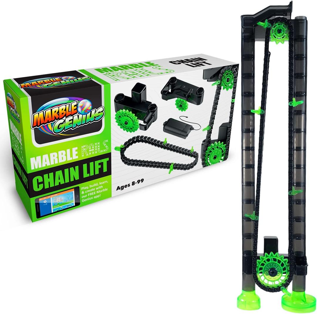 Marble Genius Add-on Accessory Marble Rails Automatic Chain Lift, 1 Piece Marble Run for Kids 8+ (Requires 2 AA Batteries), STEM, Great for Kids & Teens