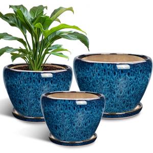 Ceramic Plant Pots Indoor, 10 Inch 8 Inch 6 Inch Round Planters Pots for Indoor Outdoor Plants, Modern Large Flower Pots with Drainage Holes and Saucers, Set of 3, Blue