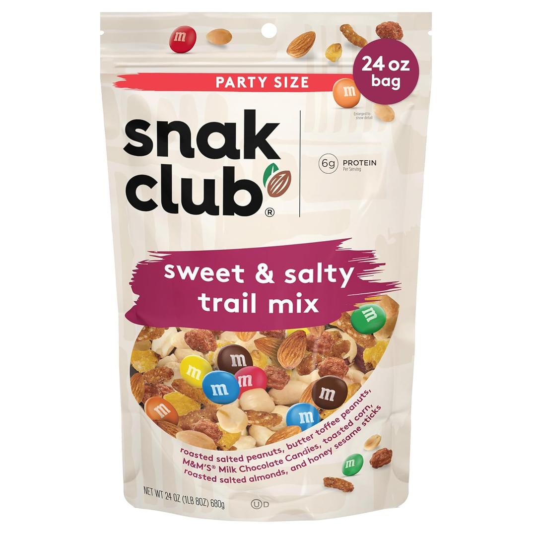 Snak Club Sweet and Salty Trail Mix with Peanuts, Butter Toffee Peanuts, M&M'S Chocolate Candies, Toasted Corn, Honey Sesame Sticks, and Almonds, Kosher Snack, 24 oz Resealable Bag (24 Ounce (Pack of 1)), Best By: 03/04/2026
