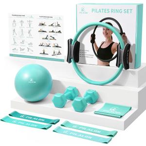 Pilates Ring Set - Studio-Grade Anti-Deformation Pilates Kit - Pilates Equipment for Home Workout - 14'' Pilates Ring, Pilates Ball, 2 Dumbbells, 5 Resistance Bands for Toning Arms, Thighs