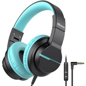 iClever HS19 Kids Headphones with Microphone for School, Volume Limiter 74/85dBA, Over-Ear Girls Boys Headphones for Kids with Shareport, Foldable Wired for iPad/Travel (Black, Blue)