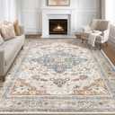 7x9 Area Rug Living Room: Washable Boho Large Neutral Vintage Soft Rug Stain Resistant Distressed Farmhouse Non-Slip Indoor Floor Carpet for Bedroom Nursery Kids Office Dining Room- Beige Blue