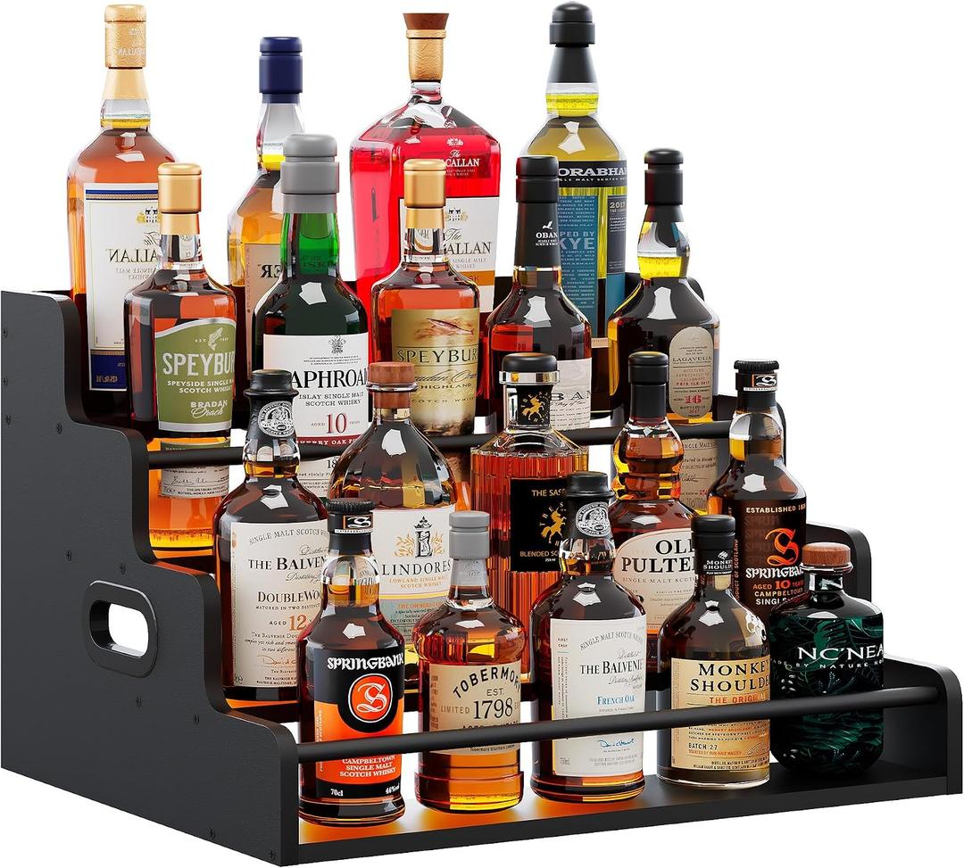 LIVELYGLOW 19.6W x 15.74" D x 12.5" H Inches Versatile 4-Step Coffee Syrup & Water Bottle Organizer Rack Multi-Functional Retro Display Shelf for Kitchen or Bar, Holds Liquor & Spirits, Black