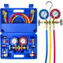 CALPOSE 3 Way AC Gauge, AC Manifold Gauge Set for R134a R410a R12 R22 R502 Refrigerant, AC Gauges with 5FT Hoses, R410a Adapter, Puncturing & Self Sealing Can Tap