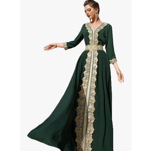 PolyJolly Gold Applique Abaya Dress for Women Dubai Sadui Fancy Moroccan Arabic Jalabiya Eid Collection, Small