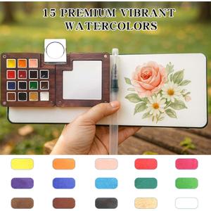 Mini Watercolor Paint Set - 15 Color Travel Watercolor Palette Set - Portable Water Color Paint Set with  Binder Clips,Pens,Wooden Box for Beginners Painters Artists Student