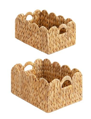 StorageWorks Scalloped Edge Wicker Basket, Hand-woven Rattan Baskets with Built-in Handles, Water Hyacinth Basket for Organizing and Decor, 2 Pack