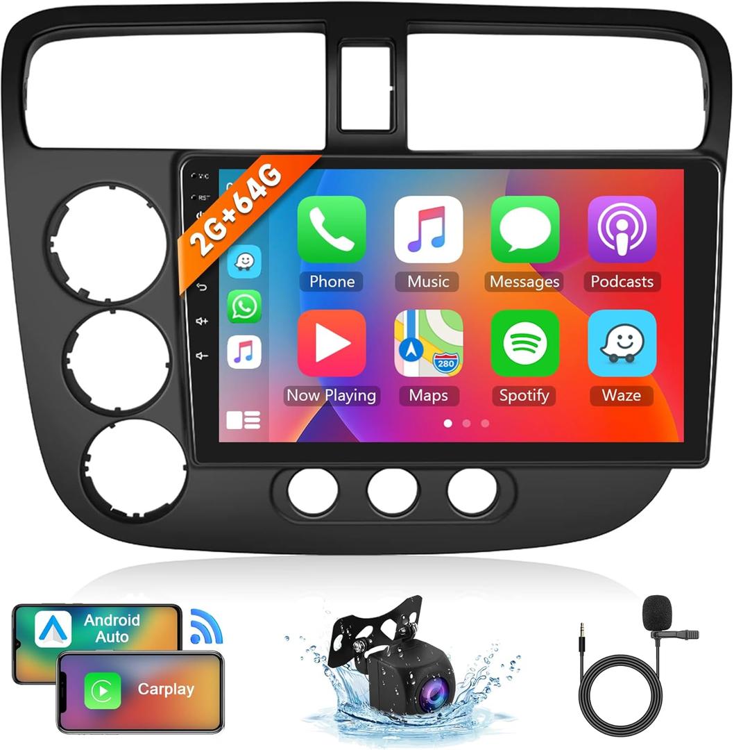 8 Core 2G 64G Android 15 Car Stereo for Honda Civic 2001 2002 2003 2004 2005 Wireless Carplay Android Auto, 9'' Touchscreen Car Radio with Bluetooth GPS Mirror Link WiFi FM/RDS DSP Backup Camera SWC